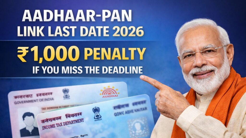 Aadhaar-PAN Link Last Date 2026: Avoid ₹1,000 Penalty Aadhaar PAN link last date 2026 update showing ₹1000 penalty deadline with Narendra Modi and Aadhaar PAN cards