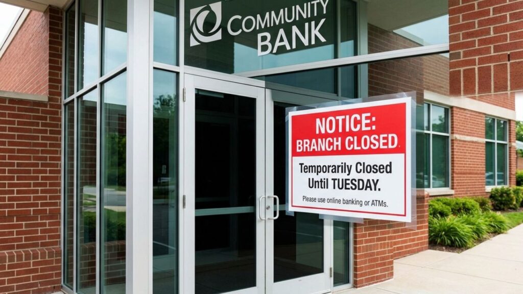 A "Closed" sign on a glass door of a major Indian bank with a calendar marked for April 13 and 14.