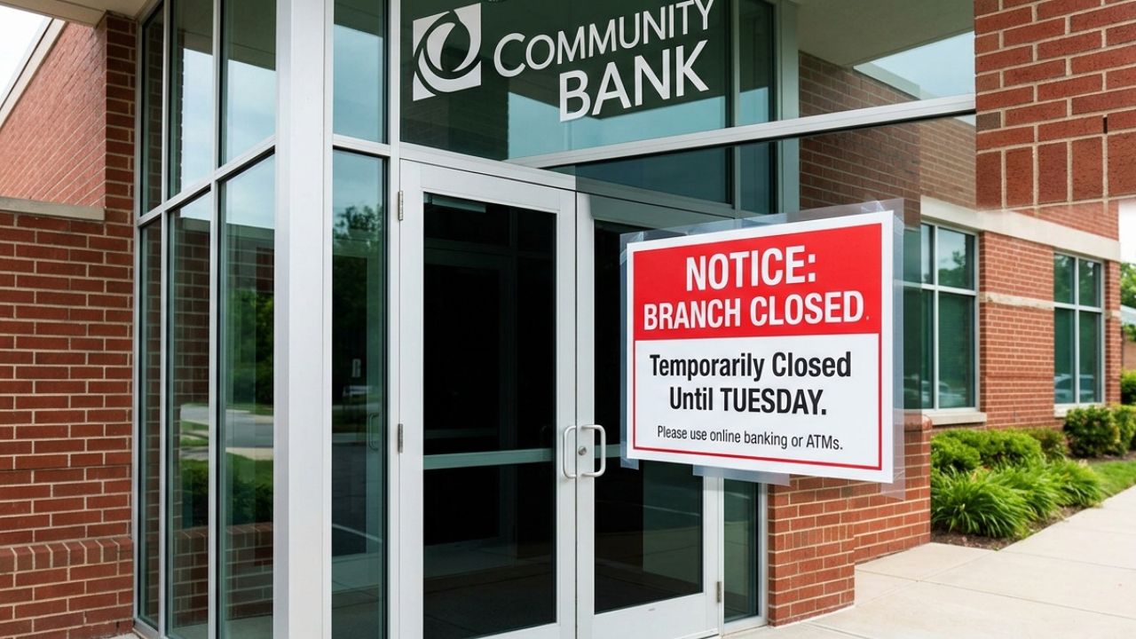 A "Closed" sign on a glass door of a major Indian bank with a calendar marked for April 13 and 14.