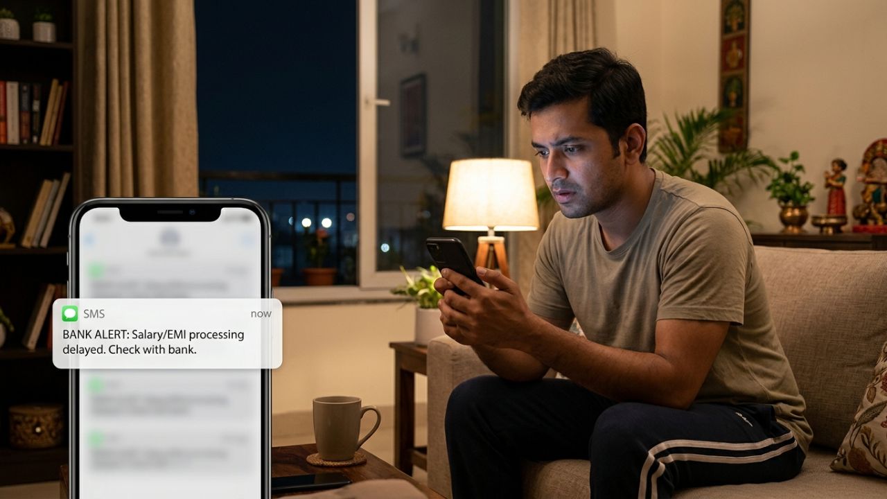 A smartphone showing a "Salary Credited" SMS notification with a "Pending" clock icon overlay and a bank logo.