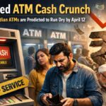 An "Out of Cash" sign on an Indian ATM machine with a crowd in the background, illustrating the predicted holiday liquidity gap.