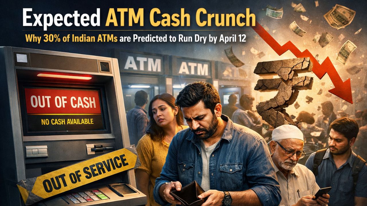 An "Out of Cash" sign on an Indian ATM machine with a crowd in the background, illustrating the predicted holiday liquidity gap.