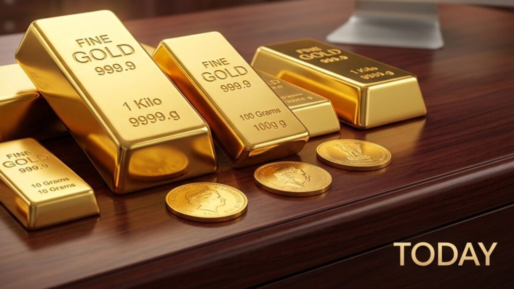 A close-up of a gold necklace and coins with a price ticker showing the latest 24K and 22K rates in India.