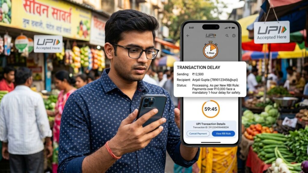 A mobile phone displaying a "Processing" status and a 60-minute countdown timer representing the new RBI rule for high-value UPI transfers.