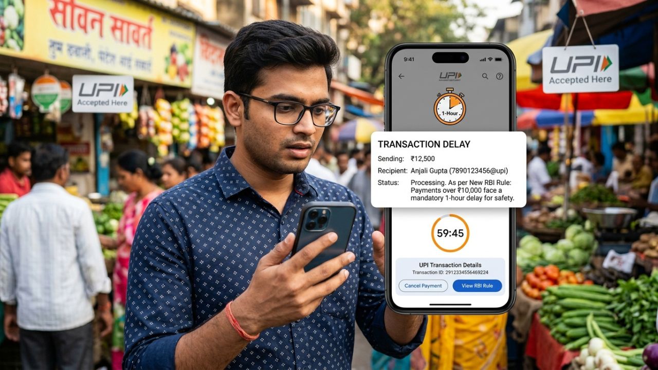 A mobile phone displaying a "Processing" status and a 60-minute countdown timer representing the new RBI rule for high-value UPI transfers.