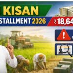 Illustration showing PM Kisan eKYC failed status and beneficiary status check mobile screen.