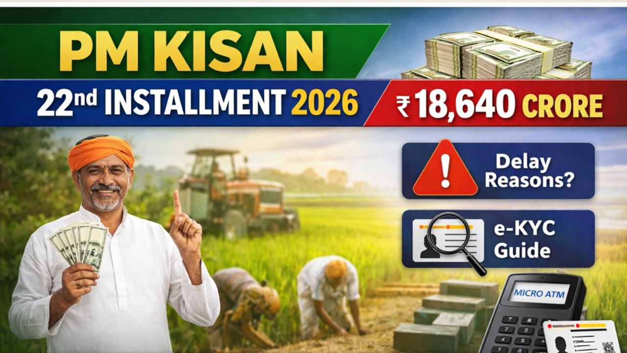 Illustration showing PM Kisan eKYC failed status and beneficiary status check mobile screen.