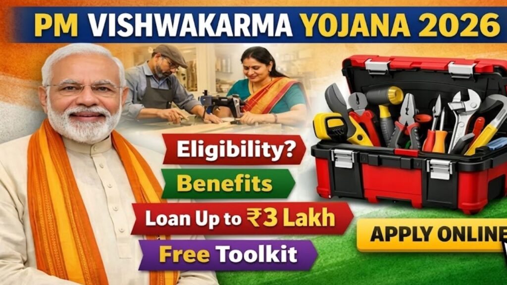 An artisan working with traditional tools next to a PM Vishwakarma Yojana 2026.