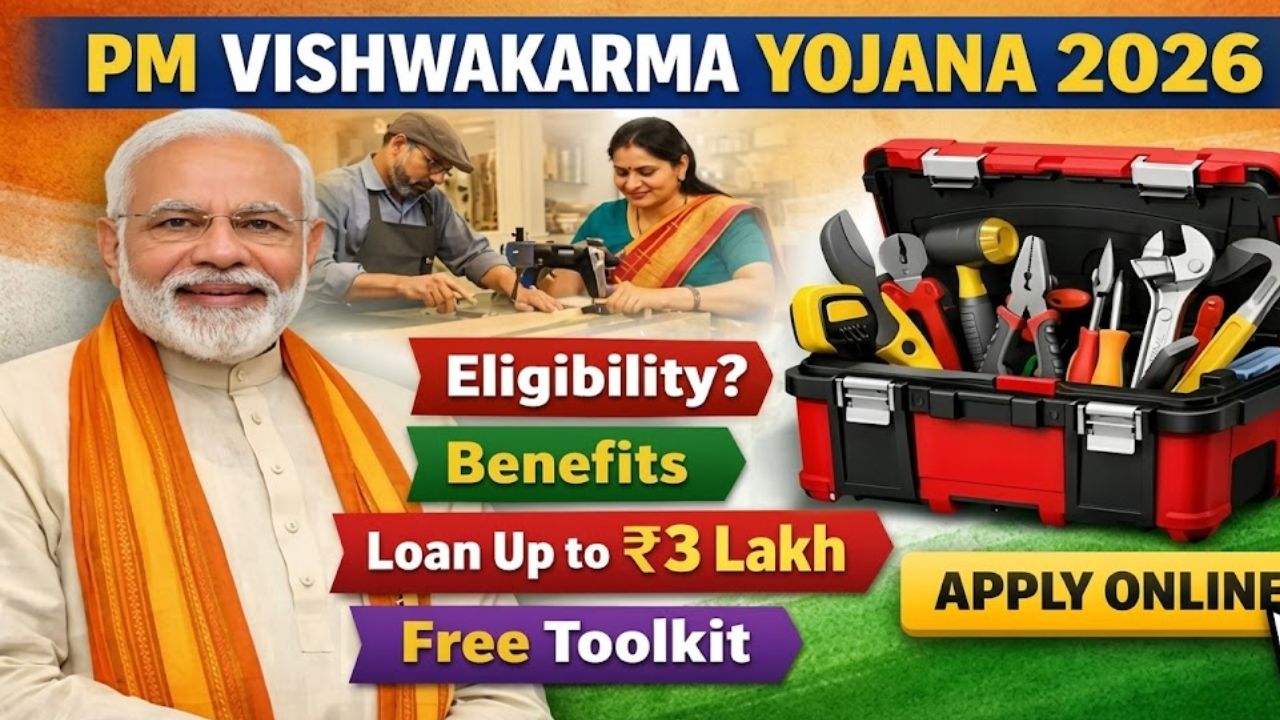 An artisan working with traditional tools next to a PM Vishwakarma Yojana 2026.
