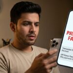 A mobile screen showing "UPI Transaction Failed" with a red alert icon and a background of a busy Indian market at night.