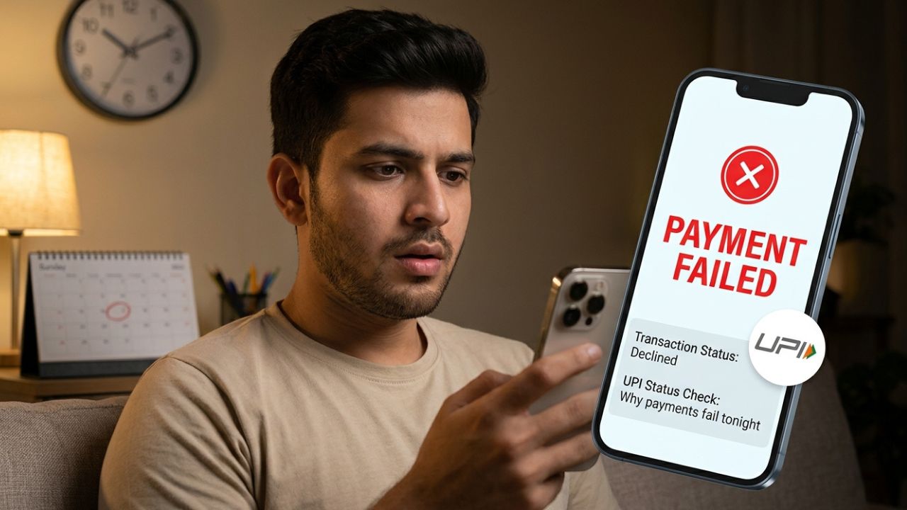 A mobile screen showing "UPI Transaction Failed" with a red alert icon and a background of a busy Indian market at night.