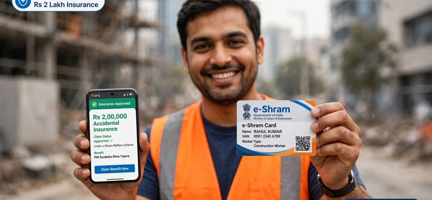Unorganised sector worker checking e-Shram card details on a smartphone for insurance claim online