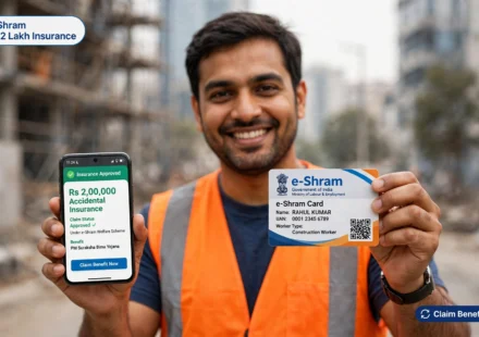 Unorganised sector worker checking e-Shram card details on a smartphone for insurance claim online