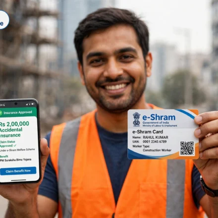 Unorganised sector worker checking e-Shram card details on a smartphone for insurance claim online