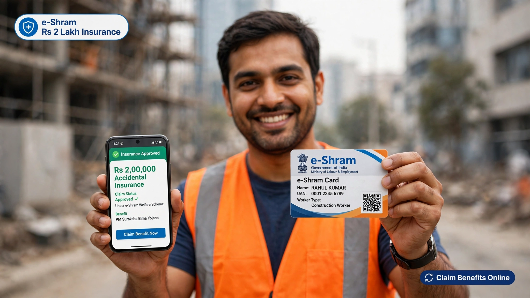 Unorganised sector worker checking e-Shram card details on a smartphone for insurance claim online