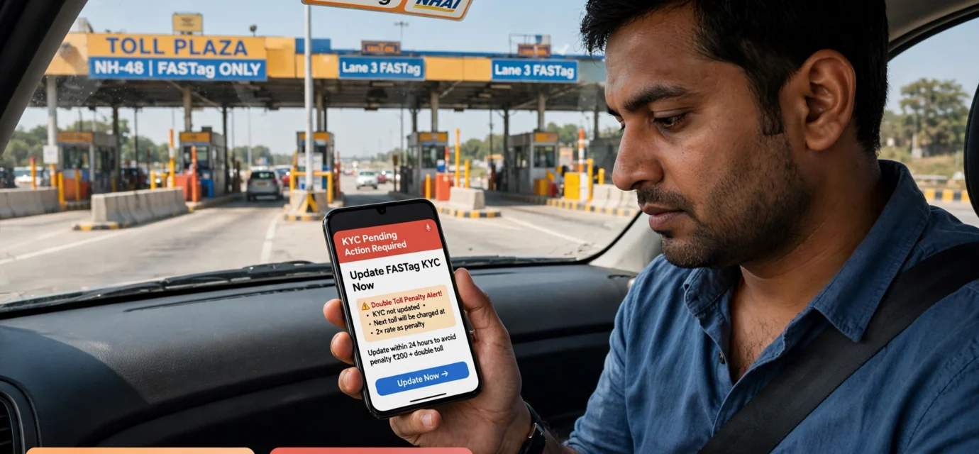 A car passing through an electronic highway toll plaza with active FASTag verification