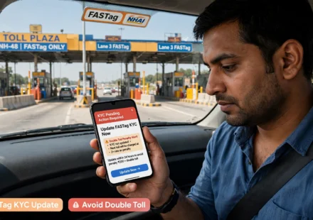 A car passing through an electronic highway toll plaza with active FASTag verification