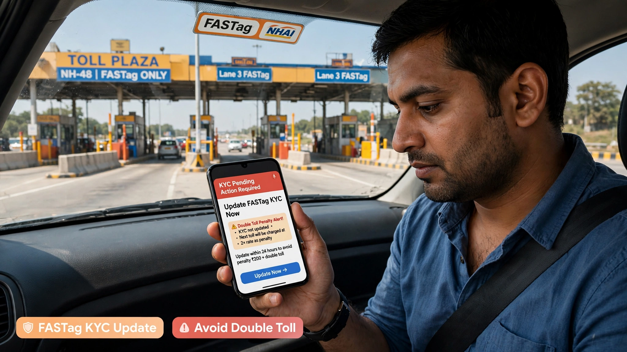 A car passing through an electronic highway toll plaza with active FASTag verification