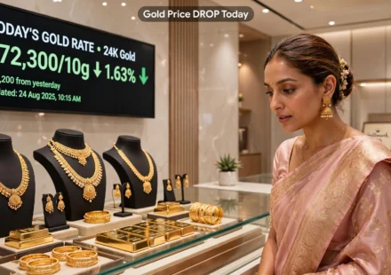 Gold jewellery display showcasing 22K and 24K price shifts in India