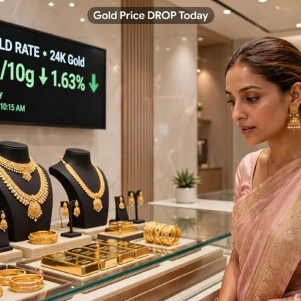 Gold jewellery display showcasing 22K and 24K price shifts in India