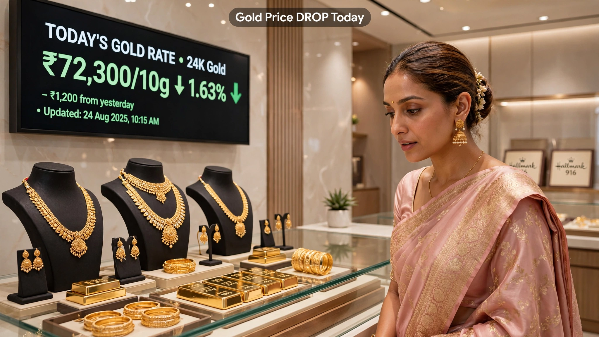 Gold jewellery display showcasing 22K and 24K price shifts in India