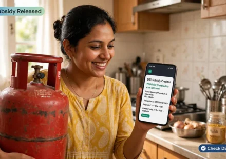 Homemaker inspecting LPG gas cylinder with mobile phone showing bank payment transfer alert