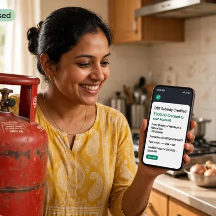 Homemaker inspecting LPG gas cylinder with mobile phone showing bank payment transfer alert