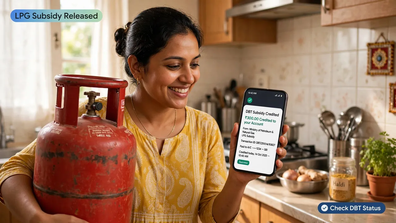 Homemaker inspecting LPG gas cylinder with mobile phone showing bank payment transfer alert