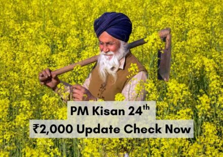Indian farmer holding smartphone with PM Kisan payment status on screen