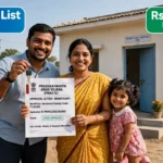 Family inspecting home construction progress under PM Awas Yojana financial assistance
