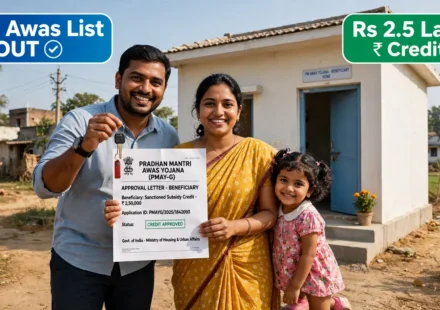 Family inspecting home construction progress under PM Awas Yojana financial assistance