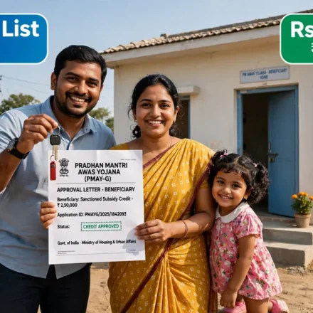 Family inspecting home construction progress under PM Awas Yojana financial assistance