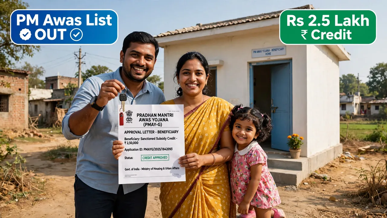 Family inspecting home construction progress under PM Awas Yojana financial assistance