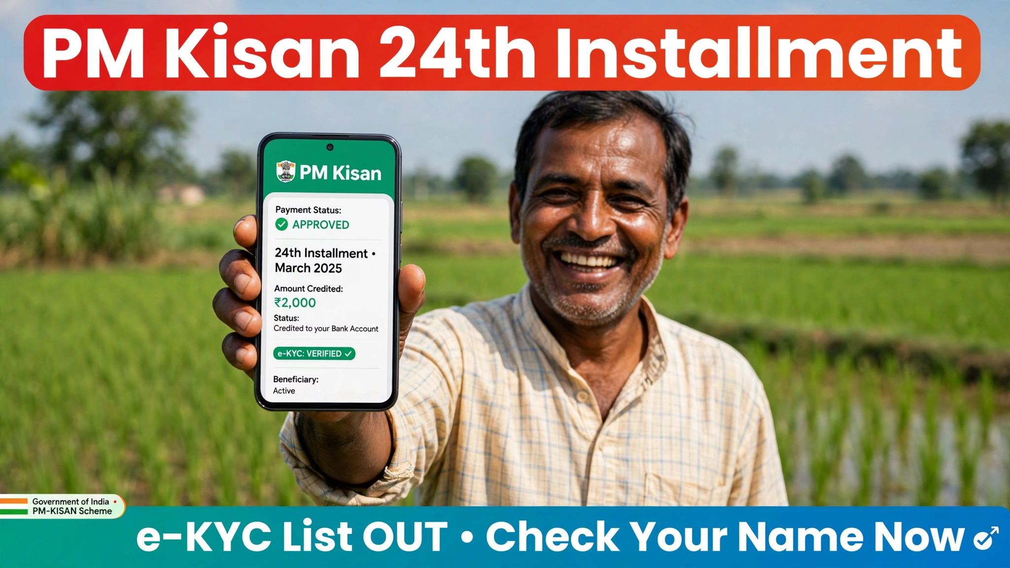 Indian farmer checking PM Kisan beneficiary status on mobile phone