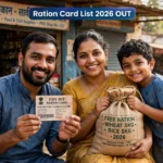 Family checking free ration card active beneficiary status on smartphone