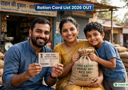 Family checking free ration card active beneficiary status on smartphone