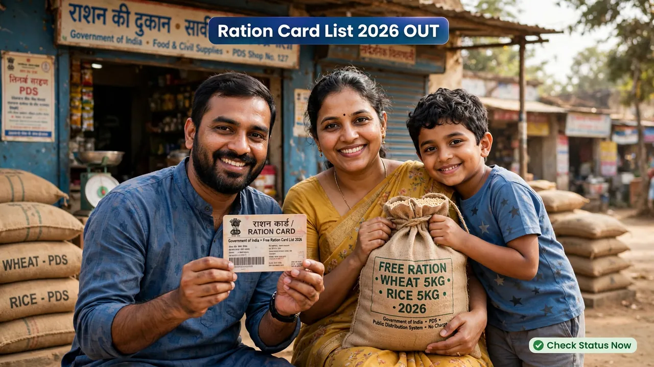 Family checking free ration card active beneficiary status on smartphone