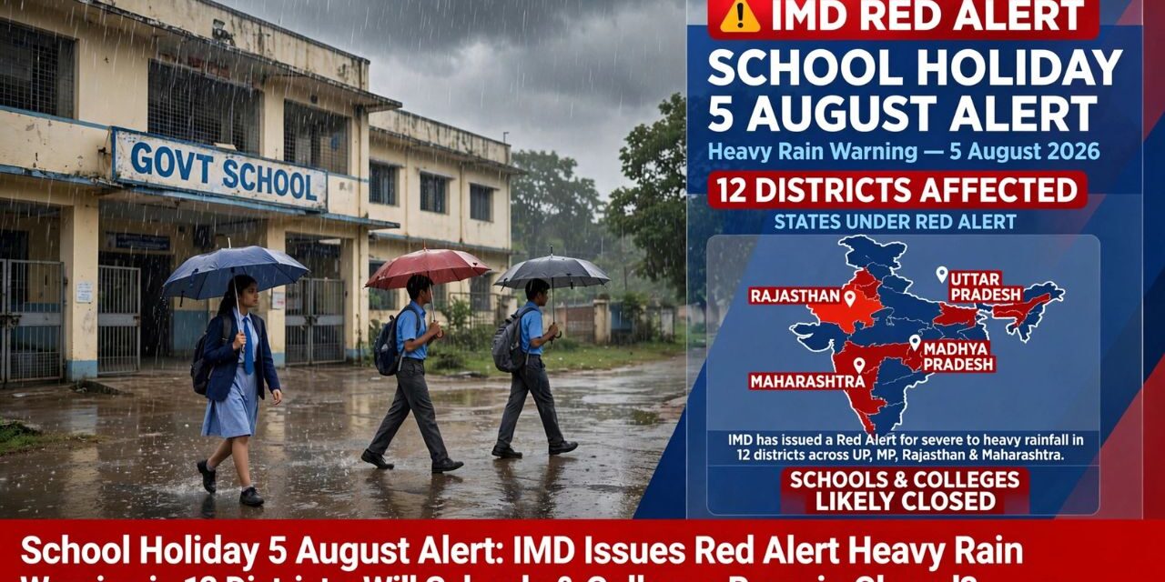 Heavy monsoon rainfall causing waterlogging on road with school holiday text banner