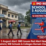 Heavy monsoon rainfall causing waterlogging on road with school holiday text banner