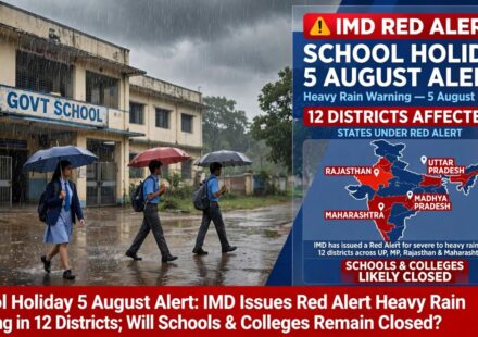 Heavy monsoon rainfall causing waterlogging on road with school holiday text banner