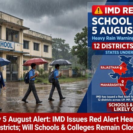 Heavy monsoon rainfall causing waterlogging on road with school holiday text banner