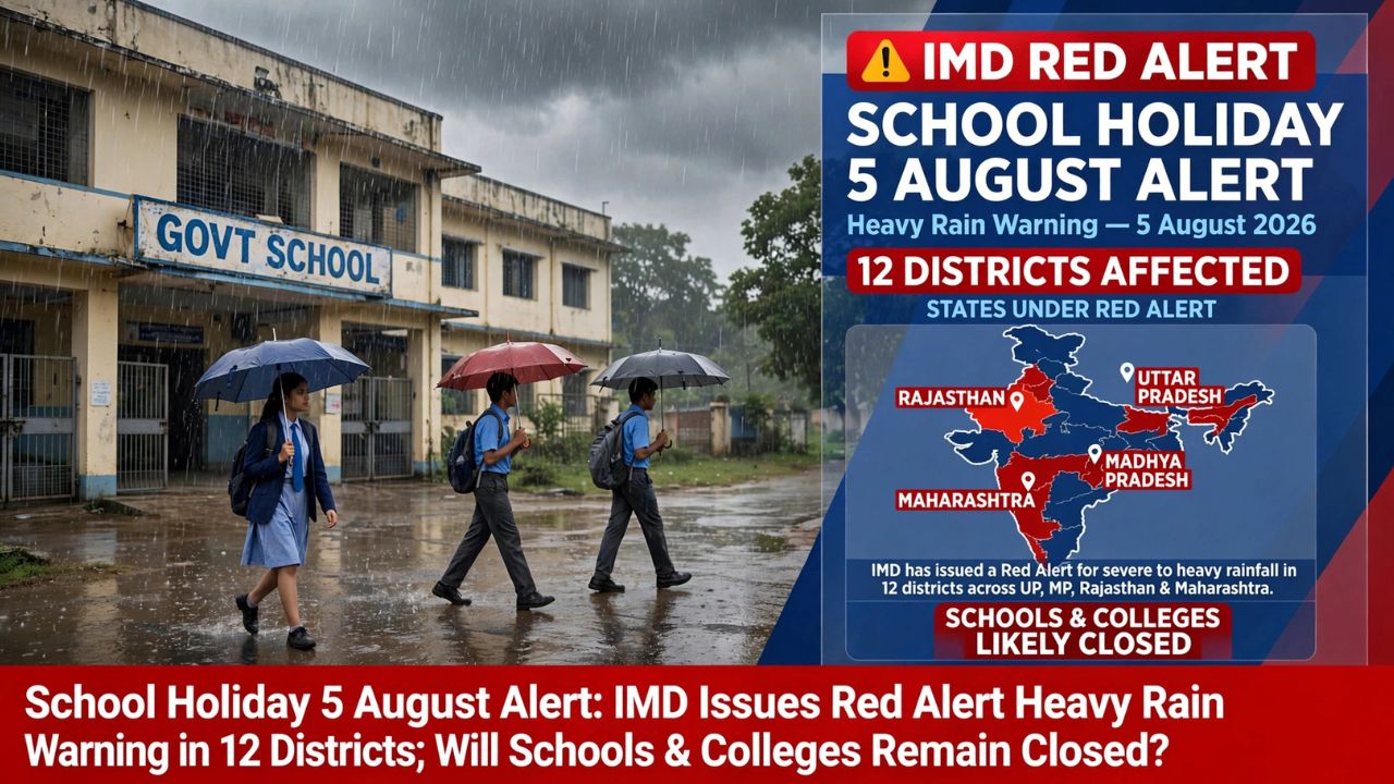 Heavy monsoon rainfall causing waterlogging on road with school holiday text banner