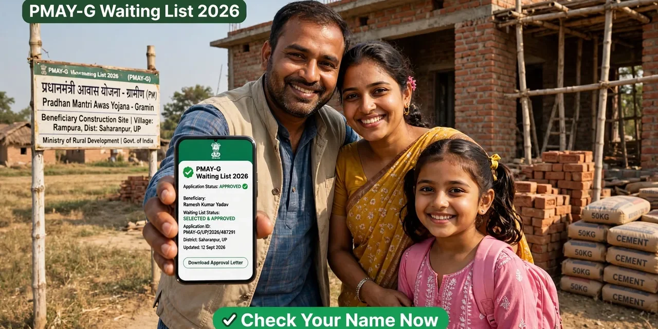 Rural family standing outside a newly constructed house under the Pradhan Mantri Awaas Yojana Gramin scheme