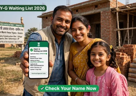 Rural family standing outside a newly constructed house under the Pradhan Mantri Awaas Yojana Gramin scheme