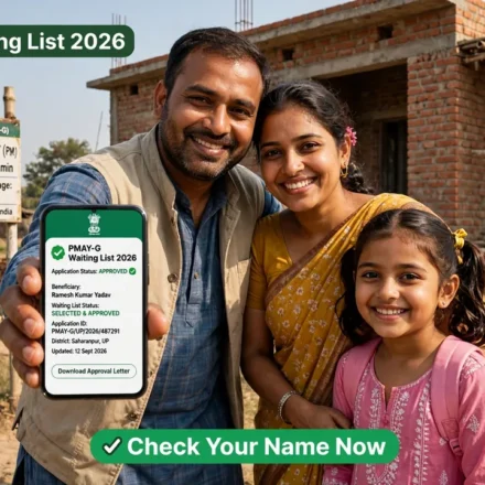 Rural family standing outside a newly constructed house under the Pradhan Mantri Awaas Yojana Gramin scheme