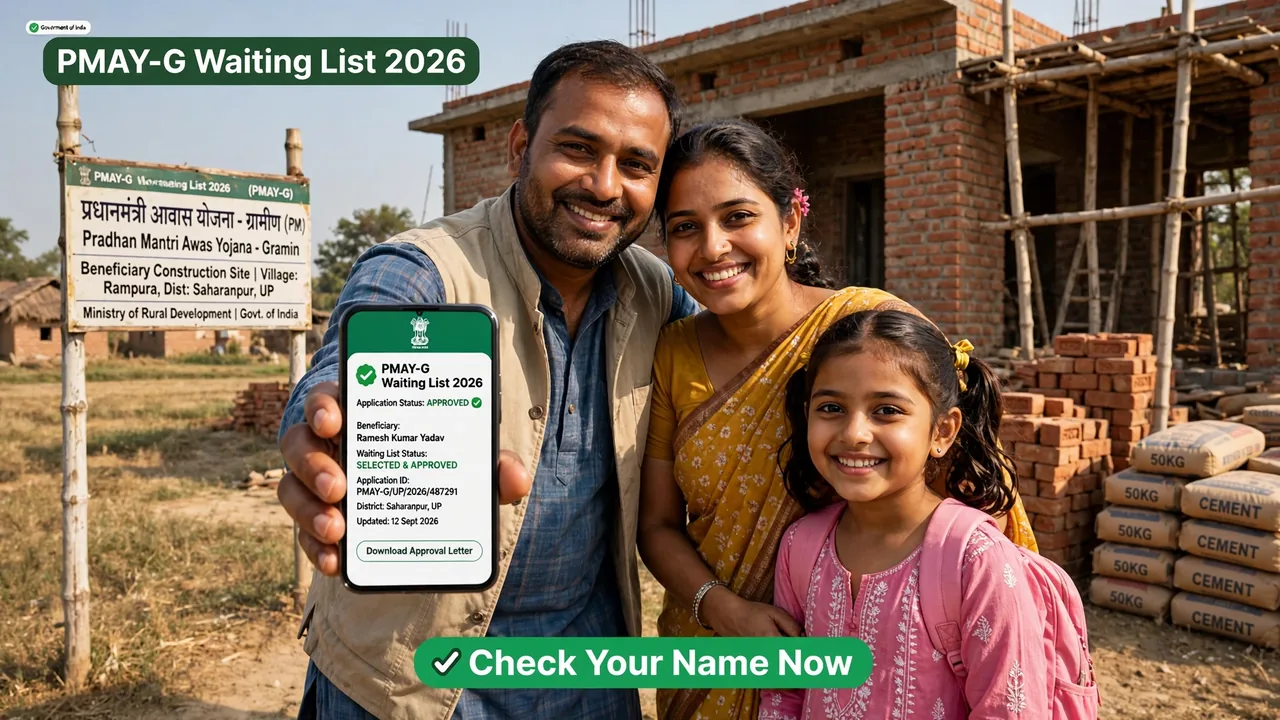 Rural family standing outside a newly constructed house under the Pradhan Mantri Awaas Yojana Gramin scheme