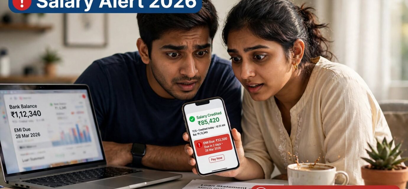 Indian currency note next to a phone screen showing bank account balance and loan EMI deduction alert
