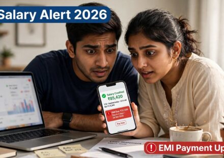 Indian currency note next to a phone screen showing bank account balance and loan EMI deduction alert