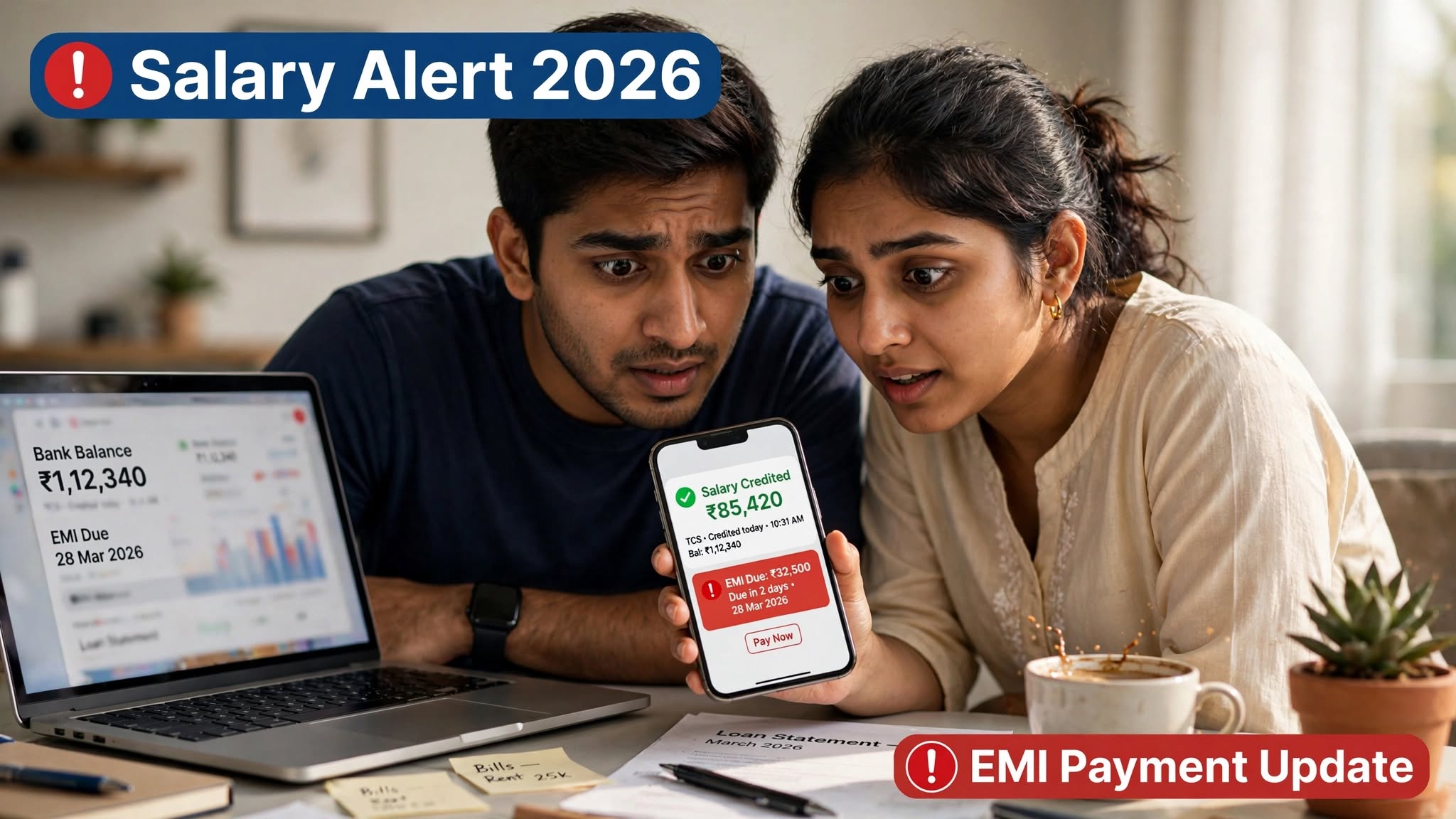 Indian currency note next to a phone screen showing bank account balance and loan EMI deduction alert
